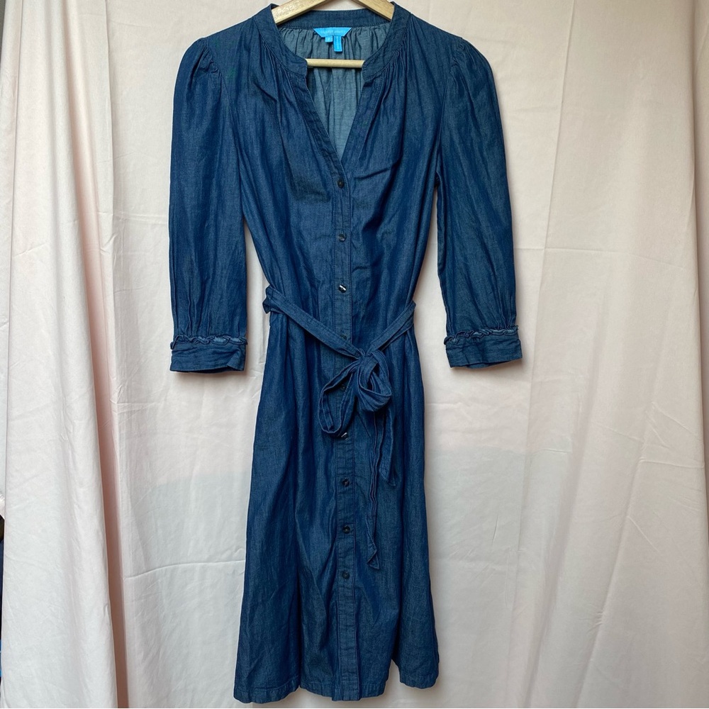 Draper James Cotton Chambray Puff Sleeve Button Front Dress Size 2 Coastal Chic